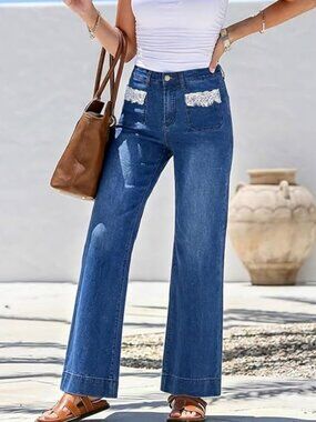 Straight Leg Jeans High Waisted Stretchy Denim Lace Trimmed Pocket - NWT - 8